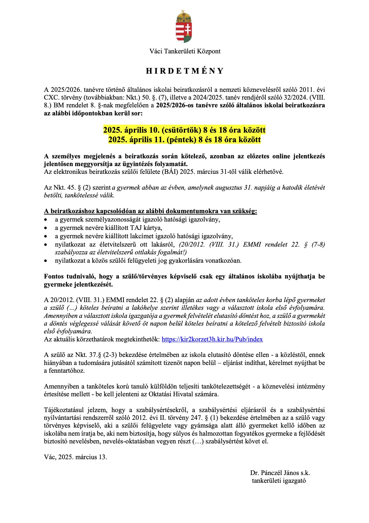 Hirdetmény 2025 2026 os tanév általános iskolai beiratkozásról